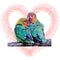 Lovebirds drawing in watercolor, Fischer's Lovebirds watercolor painting, pair of birds in watercolor, heart background