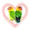 Lovebirds drawing in watercolor, Fischer's Lovebirds watercolor painting, pair of birds in watercolor, heart background