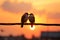 Lovebirds silhouette on wire, blurred sunset a romantic avian embrace