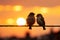 Lovebirds silhouette on wire, blurred sunset a romantic avian embrace