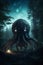 lovecraftian monster in forest, giant, evil creature. Cthulhu. Generative AI