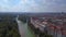 Lovely aerial top view flight drone river isar sky summer City town Munich