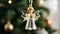 Lovely angel shaped Christmas bubble on a Christmas tree closeup. House interior with bright Christmas ornaments hanging Christmas