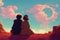 a lovely anime couple sitting together on a hill in front of a fantasy sun, pink clouds, ai generated image
