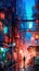 Lovely anime Cyberpunk City Painting, digital painting, night. Generative AI