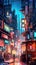 Lovely anime Cyberpunk City Painting, digital painting, night. Generative AI