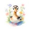 lovely baby duck and pastel flowers on white background painted in watercolor