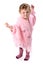 Lovely baby girl dancing in pink poncho isolated