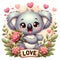 A lovely baby koala act in cute pose, with pink rose flower petals and love sign, heart, romantic art, cartoom style, digital art