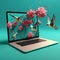 Lovely bird hummingbird and flowers protrude from laptop screen, transition of virtual reality to real one,