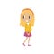 Lovely blonde cartoon girl character in yellow jacket and pink skirt, cute kid in fashionable clothes vector