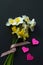 Lovely bouquet of white and yellow narcissus with a pink ribbon and three pink origami hearts