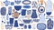 Lovely bright abstract rustic colorful pattern of hand drawn dishes: vase, plates, jug, spoon, dish