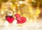 Lovely brown bear gift doll an red hearts on golden bokeh Xmas b