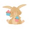 Lovely brown bunny with two tasty cupcakes. Cute rabbit with pink cheeks. Flat vector for Easter postcard or poster