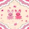 Lovely bunnies in love, envelopes with wings and clouds. Valentine`s day vector