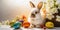 Lovely bunny easter fluffy baby rabbit with a basket full of colorful easter eggs. Beautiful Easter card