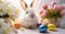 Lovely bunny easter fluffy baby rabbit with a basket full of colorful easter eggs. Beautiful Easter card