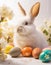 Lovely bunny easter fluffy baby rabbit with a basket full of colorful easter eggs. Beautiful Easter card