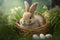 Lovely bunny easter fluffy rabbit sitting in a basket. Adorable baby rabbit on green garden nature background. Ai generated