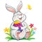 Lovely bunny sitting on grass and holding painted easter egg