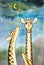 Lovely cartoon of giraffe in blue sky with the moon