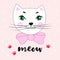 Lovely cartoon kitty and inscription Meow. Vector illustration in a hand-drawn style.