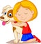 Lovely cartoon little girl hugging pet dog with passion