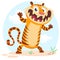 Lovely cartoon tiger character. Vector illustration on simple nature background.