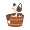 Lovely Cat Taking Japanese Hot Spring Bath, Funny Pet Animal Enjoying Spa Procedure in Wooden Barrel, Onsen Vector