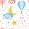 Lovely childish background made of cartoon signs stars clouds moon air ballon pattern