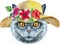 Lovely closeup portrait of British Shorthair in the classic color blue cat in summer hat with flowers. Hand drawn watercolor