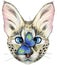Lovely closeup portrait Savannah cat with butterfly. Hand drawn water colour painting on white background