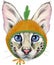 Lovely closeup portrait Savannah cat in a carrot hat. Hand drawn water colour painting on white background