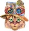 Lovely closeup portrait of Somali cat in a steampunk hat with goggles. Hand drawn water colour painting on white background