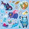 Lovely collection of blue stickers. Fantasy cartoon animals and creatures vector illustration