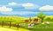 Lovely country rural landscape, cow grazing, farm, flowers, pasture, Cartoon style, vector illustration