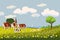 Lovely country rural landscape, cow grazing, farm, flowers, pasture, Cartoon style, vector illustration
