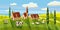 Lovely country rural landscape, cow sheep grazing, farm, flowers, pasture, Cartoon style, vector illustration