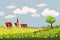 Lovely country rural landscape, farm, flowers, pasture, Cartoon style, vector illustration