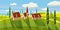 Lovely country rural landscape, farm, pasture, Cartoon style, vector illustration