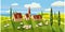Lovely country rural landscape, Sheep graze, farm, flowers, pasture, Cartoon style, vector illustration