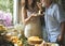 Lovely couple baking cheesecake in the kitchen