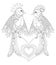 Lovely couple of exotic bird sitting on heart for adult anti stress coloring page, St Valentine day greeting card, art