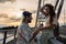 Lovely couple, Guy proposes to a girl on the bridge where they met when they were tourists in the past. Man asks a woman to marry
