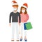 Lovely couple man woman xmas hat hold shopping bag package, merry christmas purchase gift cartoon vector illustration, isolated on