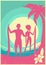 Lovely couple of surfers and blue sea waves on Vector poster background