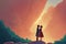 lovely cute animation couple standing on a hill in front of a sunrise desert scene, ai generated image