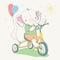 Lovely cute baby elephant in T-shirt and shorts by small bike with color balloons. Summer series of children`s card