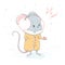 Lovely cute cheerful mouse in a coat catches a snowflake
